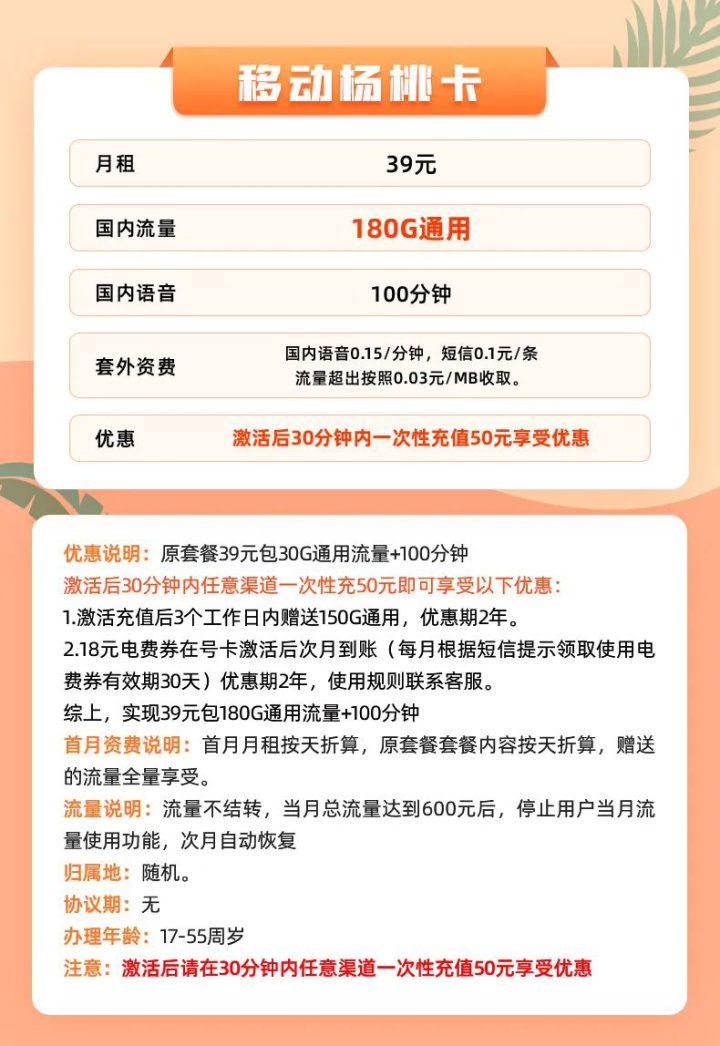 移动杨桃卡 39元180G通用流量+100分钟通话+18元电费券-2