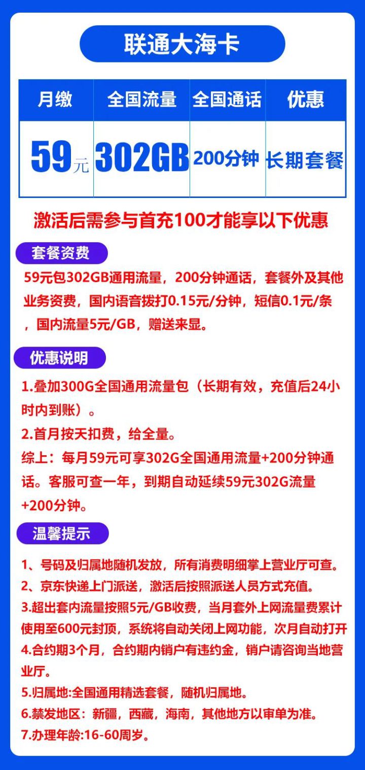 联通大海卡 59元302G全国通用流量+200分钟通话-2