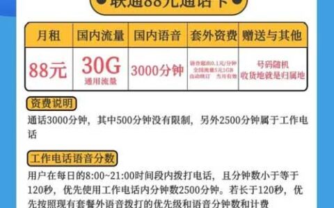 联通68元通话卡，1500分钟工作通话，500分钟国内通话