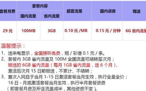 联通29元套餐资费详情，月租29元包103G流量+100分钟通话